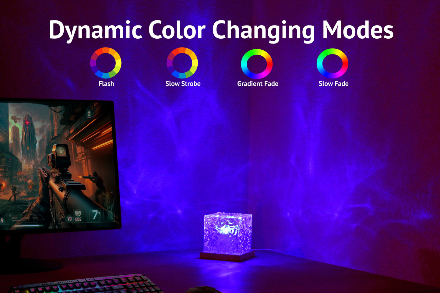 Ocean Wave projector light creating ambient light next to a gaming computer setup which the monitor is displaying a FPS game. The room is filled with color and walls are full of water effects. Over the image different light modes are listed with icons. 