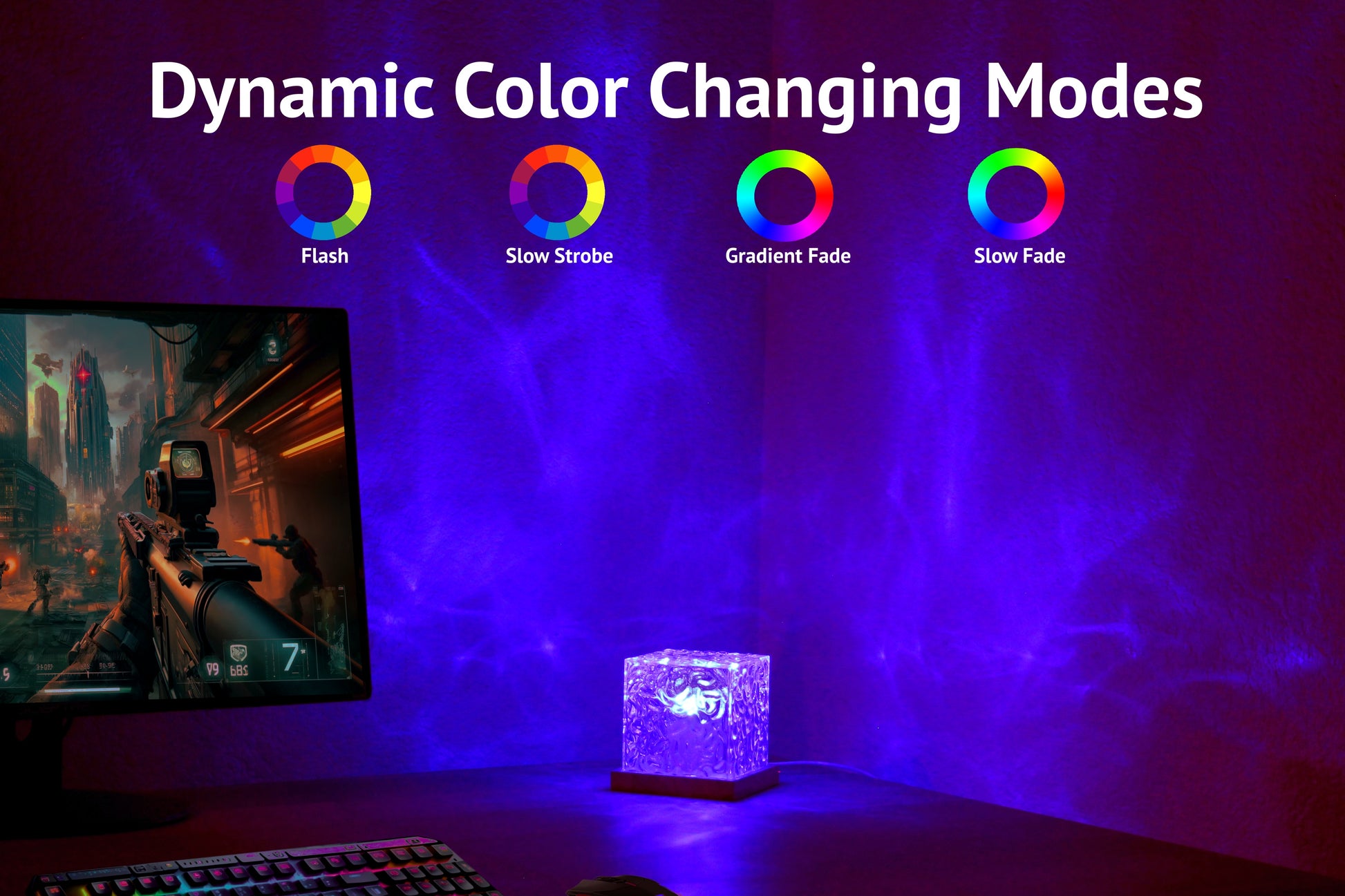 Ocean Wave projector light creating ambient light next to a gaming computer setup which the monitor is displaying a FPS game. The room is filled with color and walls are full of water effects. Over the image different light modes are listed with icons. 