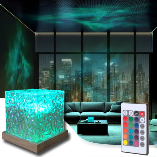 Ocean wave projector light displaying a colorful aurora effect, placed in a modern living room setting with a cityscape in the background.
